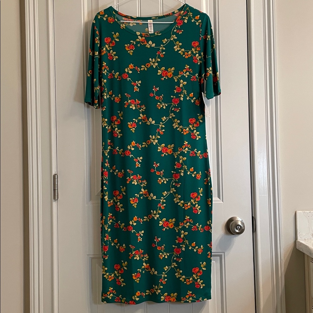 LuLaRoe Julia Teal Dress with Floral Accents